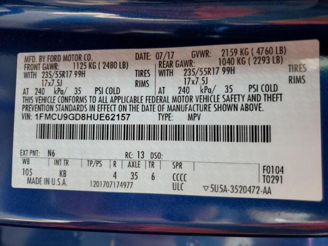 1FMCU9GD8HUE62157 - 2017 FORD ESCAPE SE Көк фото 13