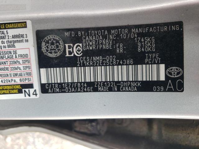 2T1KR32E25C874386 - 2005 TOYOTA COROLLA MA XR SILVER photo 13