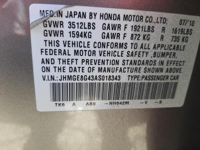 JHMGE8G43AS018343 - 2010 HONDA FIT SPORT SILVER photo 10