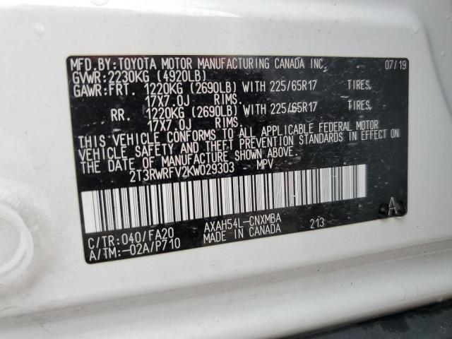2T3RWRFV2KW029303 - 2019 TOYOTA RAV4 XLE Blanc photo 13