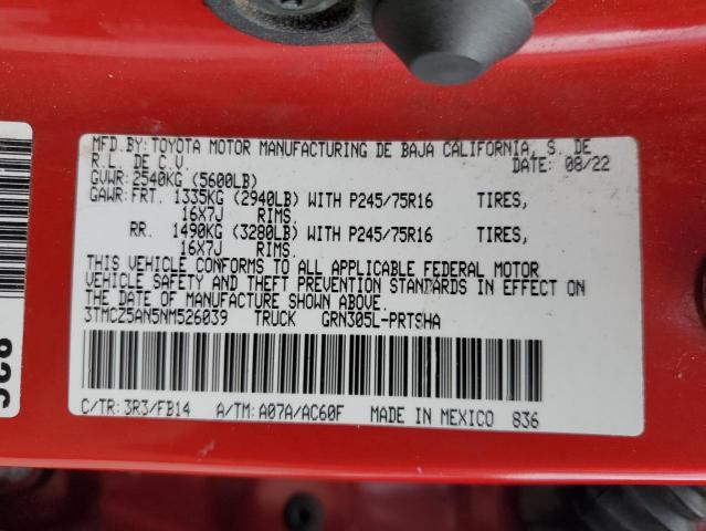 3TMCZ5AN5NM526039 - 2022 TOYOTA TACOMA DOUBLE CAB 红色 照片 12