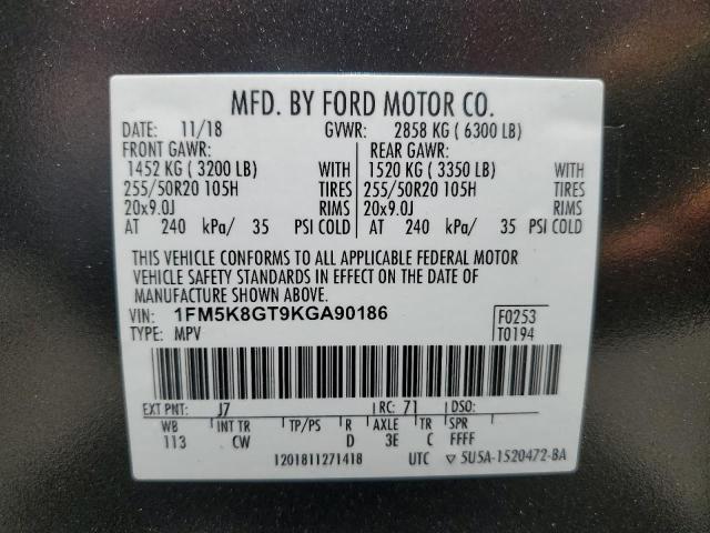 1FM5K8GT9KGA90186 - 2019 FORD EXPLORER SPORT رمادي صورة 13