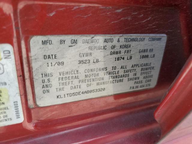 KL1TD5DE4AB053320 - 2010 CHEVROLET AVEO LS 红色 照片 12