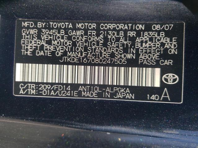 JTKDE167080247505 - 2008 TOYOTA SCION TC შავი ფოტო 12