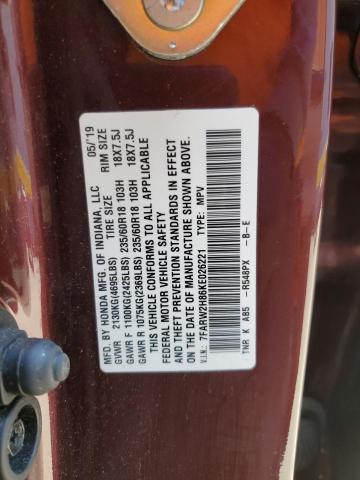 7FARW2H86KE026221 - 2019 HONDA CR-V EXL BURGUNDY photo 12