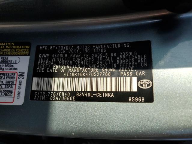 4T1BK46K47U527766 - 2007 TOYOTA CAMRY LE TEAL photo 12