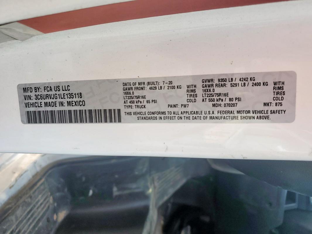 3C6URVJG1LE135118 - 2020 RAM PROMASTER 3500 HIGH თეთრი ფოტო 13