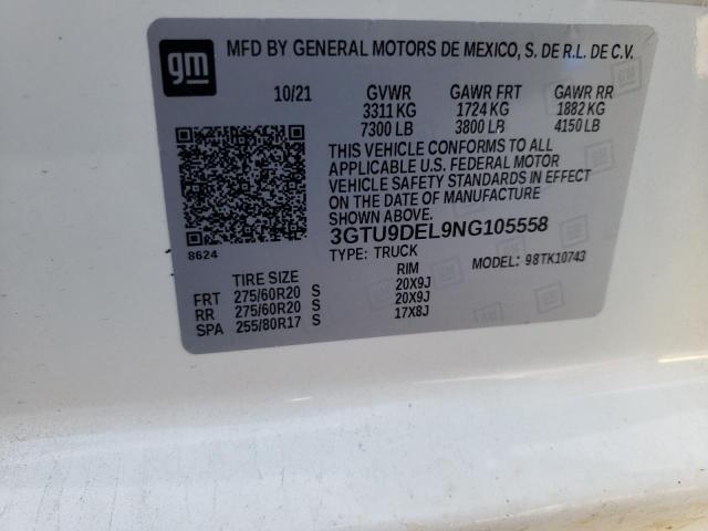 3GTU9DEL9NG105558 - 2022 GMC SIERRA LIM K1500 SLT WHITE photo 10