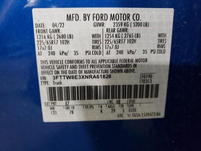 3FTTW8E3XNRA61828 - 2022 FORD MAVERICK XL BLUE photo 12