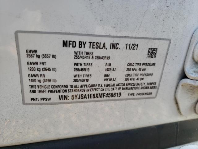5YJSA1E6XMF456619 - 2021 TESLA MODEL S Սպիտակ լուսանկար 12