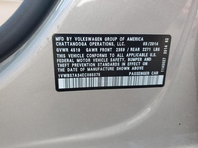 1VWBS7A34EC085075 - 2014 VOLKSWAGEN PASSAT SE ვერცხლისფერი ფოტო 12