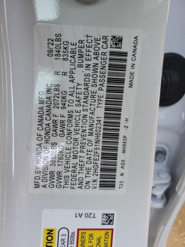 2HGFE2F51NH602341 - 2022 HONDA CIVIC SPORT 白色 照片 10