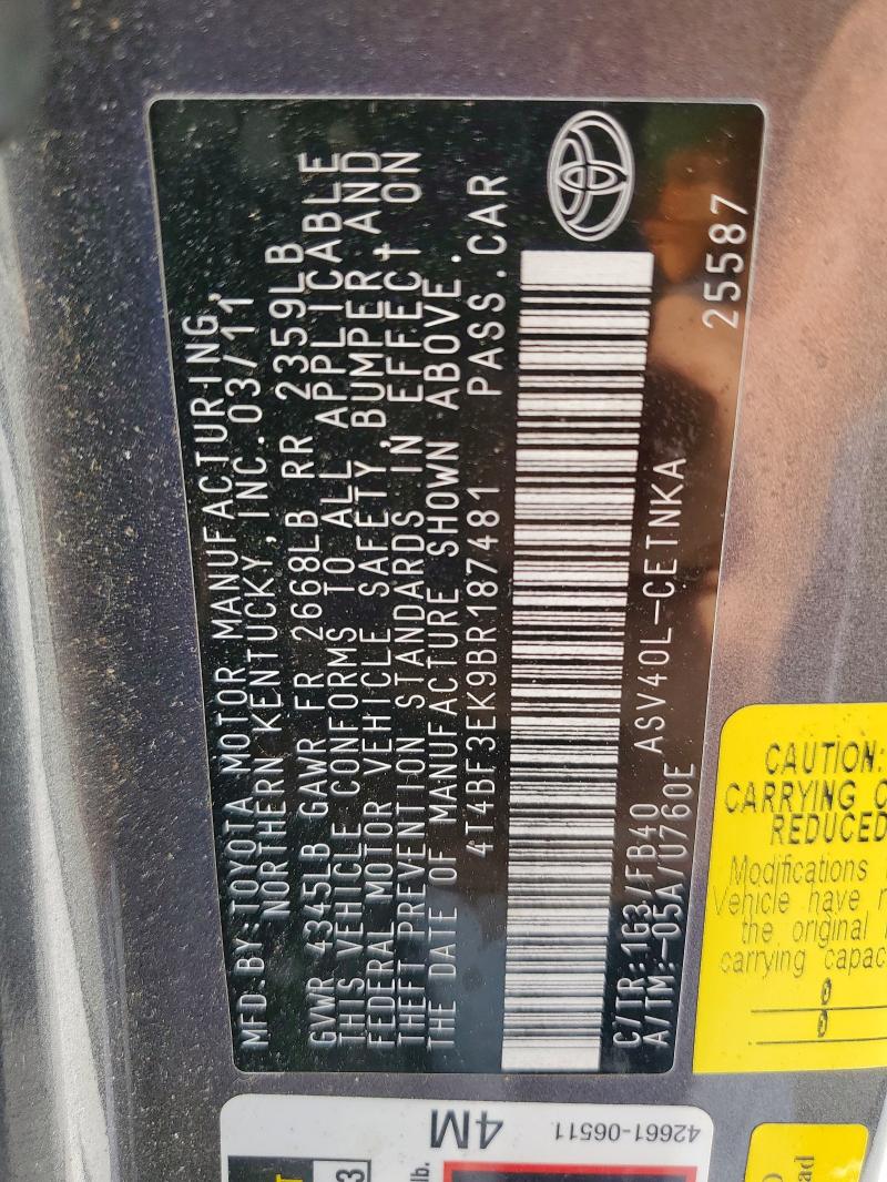 4T4BF3EK9BR187481 - 2011 TOYOTA CAMRY BASE GRAY photo 12