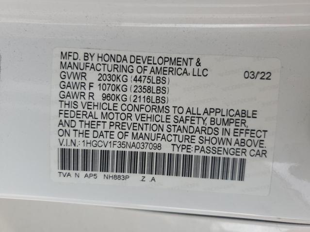 1HGCV1F35NA037098 - 2022 HONDA ACCORD SPORT WHITE photo 12