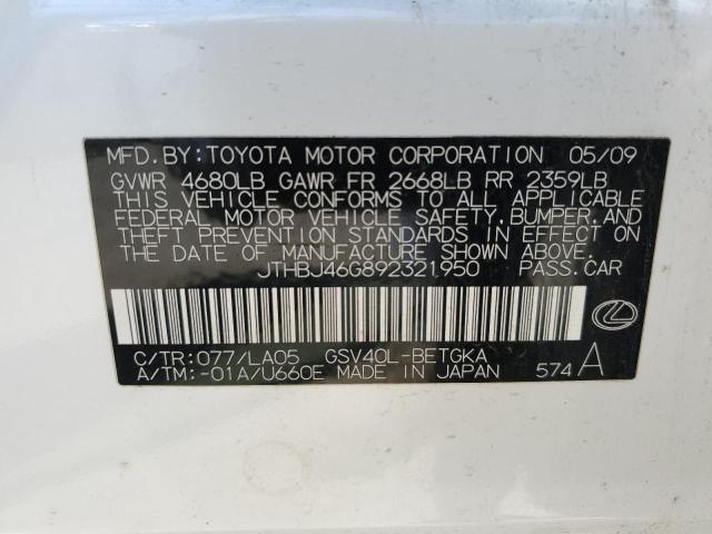 JTHBJ46G892321950 - 2009 LEXUS ES 350 WHITE photo 12