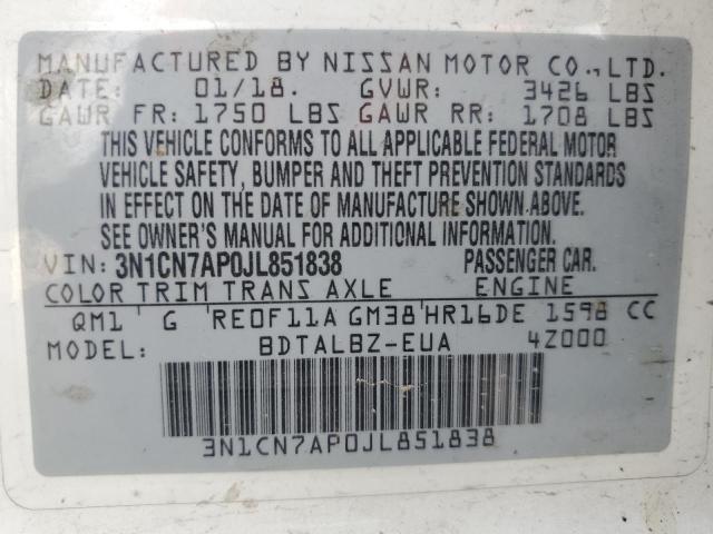 3N1CN7AP0JL851838 - 2018 NISSAN VERSA S WHITE photo 12