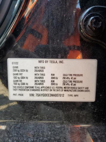 7SAYGDEE3NA007012 - 2022 TESLA MODEL Y 黑色 照片 12