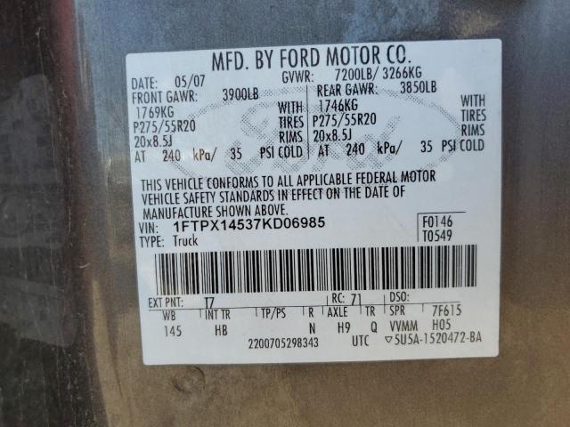 1FTPX14537KD06985 - 2007 FORD F 150 GRAY photo 12