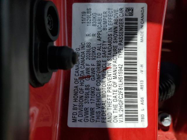 2HGFC2F81LH515942 - 2020 HONDA CIVIC SPORT 红色 照片 12