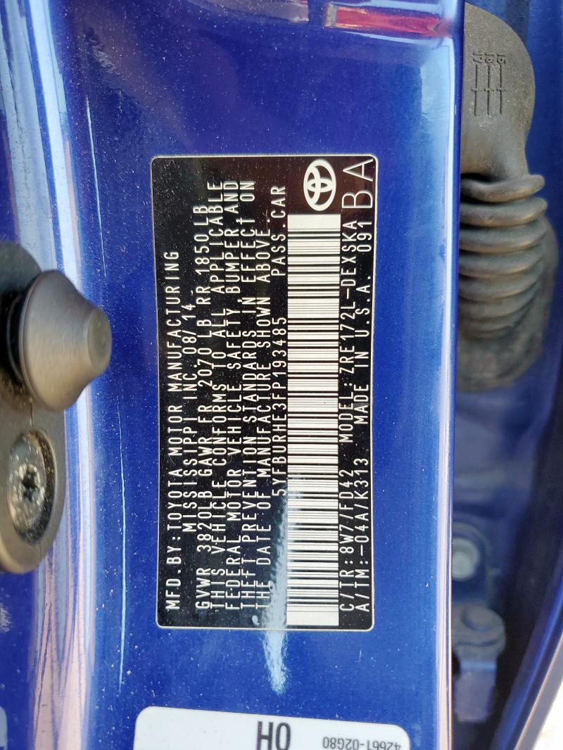 5YFBURHE3FP193485 - 2015 TOYOTA COROLLA L BLUE photo 12