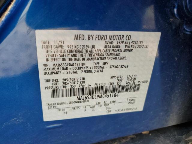 MAJ6S3GL9MC451184 - 2021 FORD ECOSPORT SE BLUE photo 13