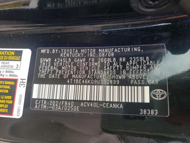 4T1BE46K09U350899 - 2009 TOYOTA CAMRY BASE BLACK photo 12