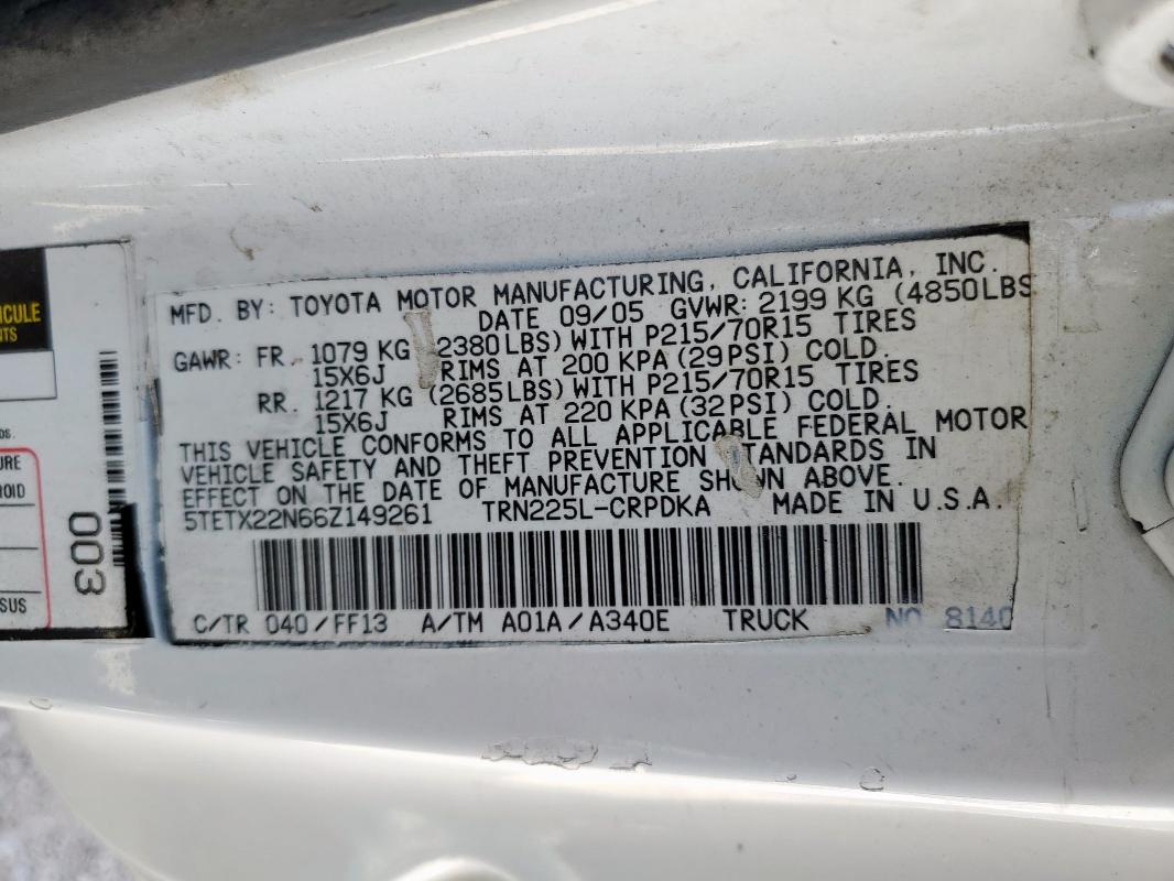 5TETX22N66Z149261 - 2006 TOYOTA TACOMA ACCESS CAB Білий фото 12