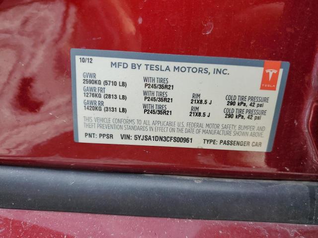 5YJSA1DN3CFS00961 - 2012 TESLA MODEL S RED photo 12