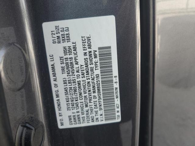 5FNYF5H59MB025193 - 2021 HONDA PILOT EXL GRAY photo 13
