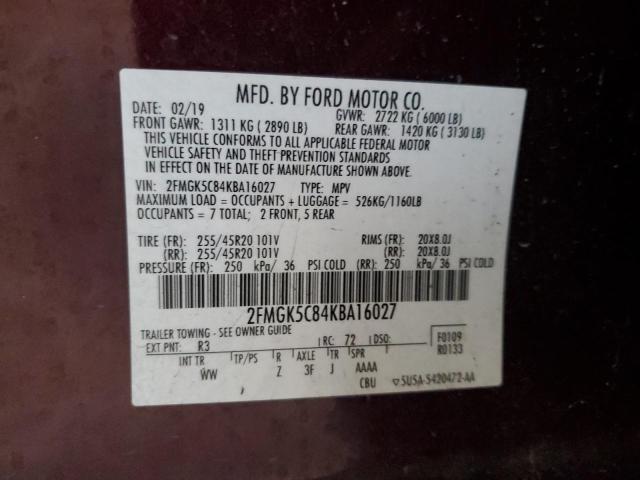 2FMGK5C84KBA16027 - 2019 FORD FLEX SEL 勃艮第红 照片 13