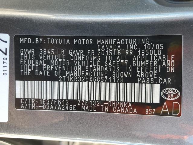 2T1KR32EX6C571129 - 2006 TOYOTA COROLLA MA XR GRAY photo 12