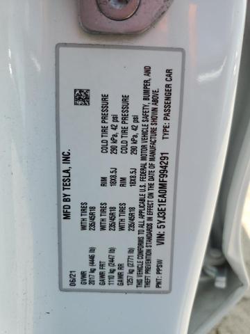 5YJ3E1EA0MF994291 - 2021 TESLA MODEL 3 WHITE photo 12