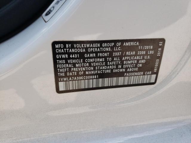 1VWLA7A39KC008981 - 2019 VOLKSWAGEN PASSAT WOLFSBURG WHITE photo 12