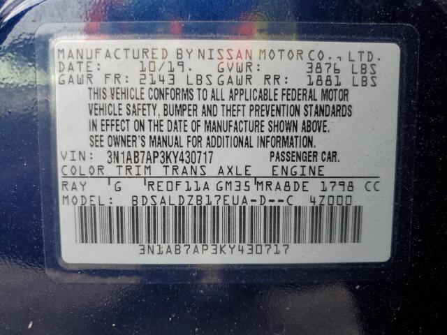 3N1AB7AP3KY430717 - 2019 NISSAN SENTRA S 蓝色 照片 12