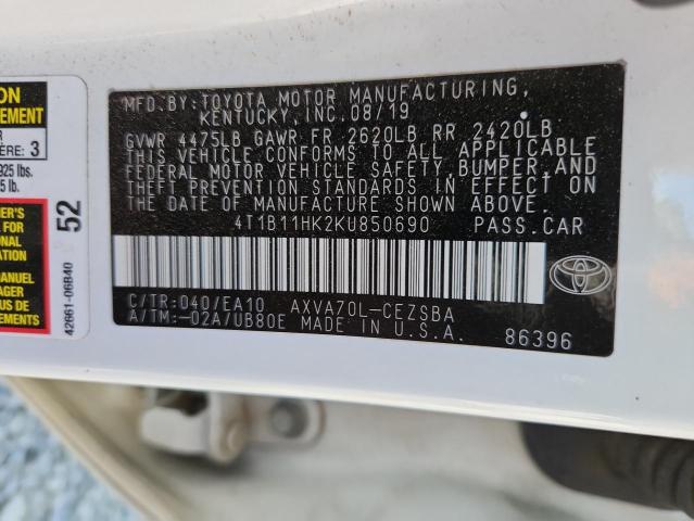 4T1B11HK2KU850690 - 2019 TOYOTA CAMRY L 白色 照片 12