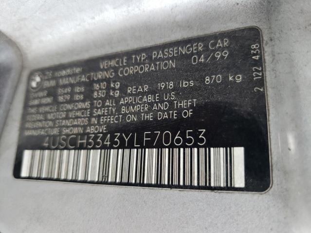 4USCH3343YLF70653 - 2000 BMW Z3 2.8 SILVER photo 12