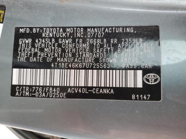 4T1BE46K67U725563 - 2007 TOYOTA CAMRY CE GREEN photo 12