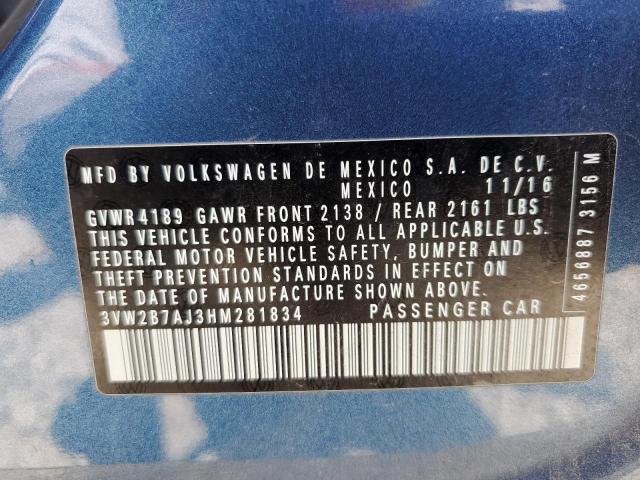 3VW2B7AJ3HM281834 - 2017 VOLKSWAGEN JETTA S Көк фото 12