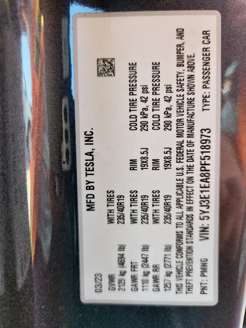 5YJ3E1EA8PF518973 - 2023 TESLA MODEL 3 GRAY photo 13