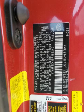 4T4BF3EKXBR196240 - 2011 TOYOTA CAMRY BASE RED photo 12