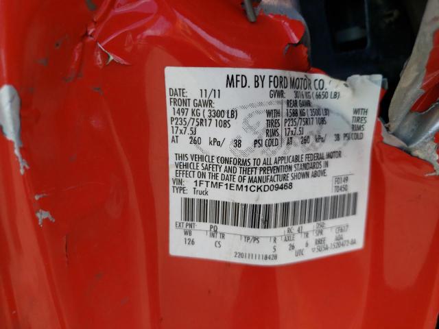 1FTMF1EM1CKD09468 - 2012 FORD F150 RED photo 12