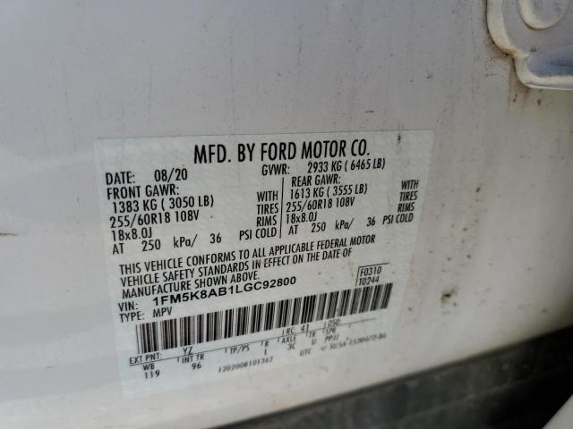 1FM5K8AB1LGC92800 - 2020 FORD EXPLORER POLICE INTERCEPTOR თეთრი ფოტო 10