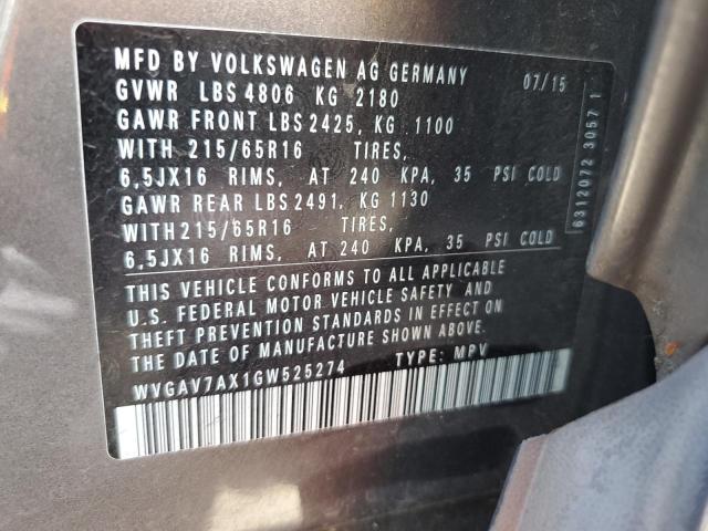 WVGAV7AX1GW525274 - 2016 VOLKSWAGEN TIGUAN S GRAY photo 13