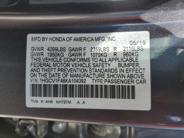 1HGCV1F46KA104392 - 2019 HONDA ACCORD EX CHARCOAL photo 12