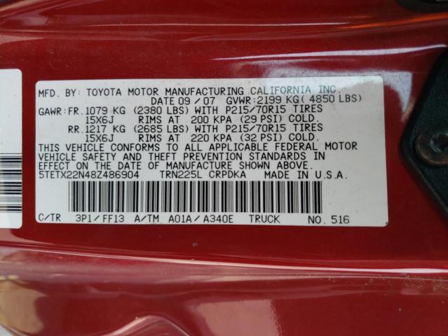 5TETX22N48Z486904 - 2008 TOYOTA TACOMA ACCESS CAB წითელი ფოტო 12