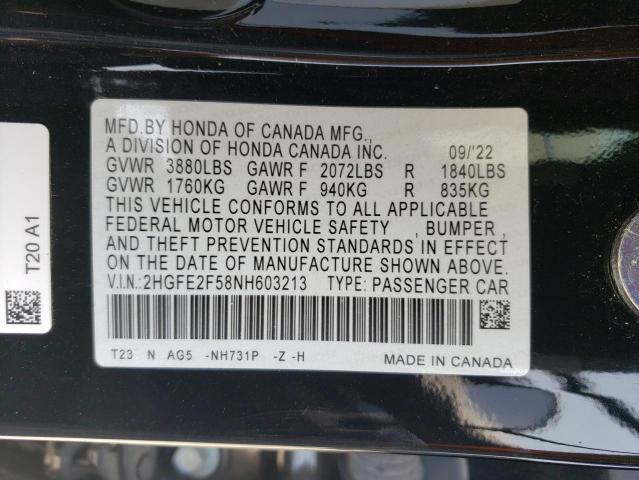 2HGFE2F58NH603213 - 2022 HONDA CIVIC SPORT 黑色 照片 13