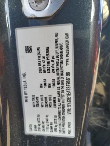 5YJ3E1EA7SF986198 - 2025 TESLA MODEL 3 黑色 照片 12