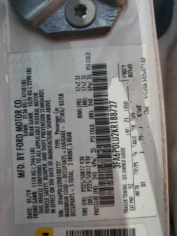 3FA6P0LU2KR188727 - 2019 FORD FUSION SE 白色 照片 12