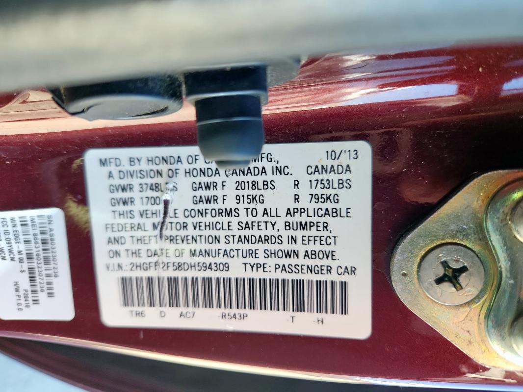 2HGFB2F58DH594309 - 2013 HONDA CIVIC LX BURGUNDY photo 12