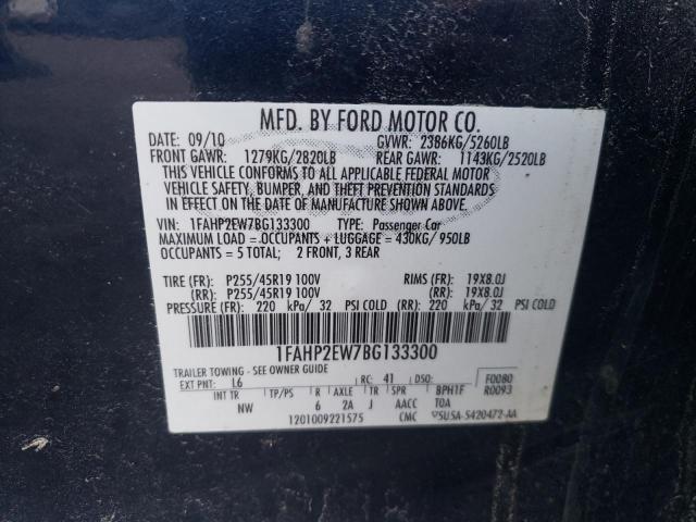 1FAHP2EW7BG133300 - 2011 FORD TAURUS SEL BLUE photo 10